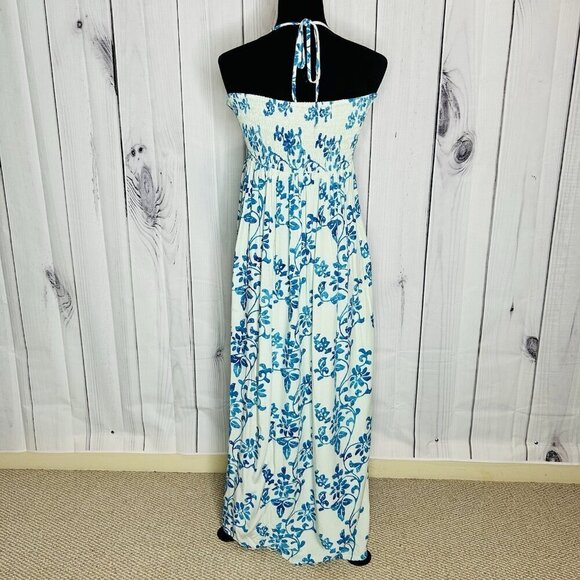 GO FISH Blue Floral Batik Smocked Maxi Halter Sundress Rayon Indonesia Sz M - Picture 8 of 12